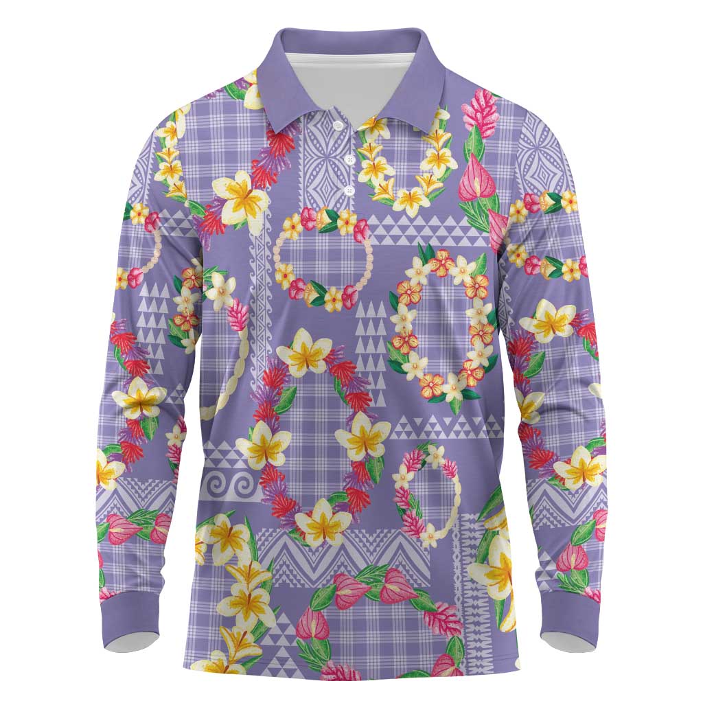 Hawaiian Leis Long Sleeve Polo Shirt Kakau Tattoos and Palaka Pastel Purple Color LT03 Purple - Polynesian Pride