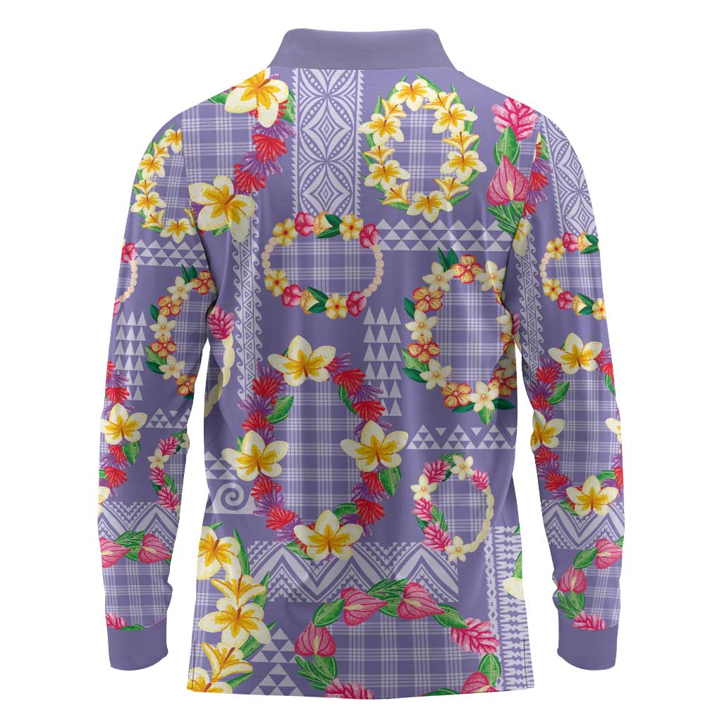 Hawaiian Leis Long Sleeve Polo Shirt Kakau Tattoos and Palaka Pastel Purple Color LT03 - Polynesian Pride