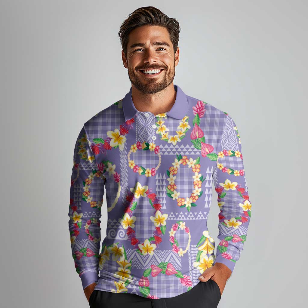Hawaiian Leis Long Sleeve Polo Shirt Kakau Tattoos and Palaka Pastel Purple Color LT03 - Polynesian Pride
