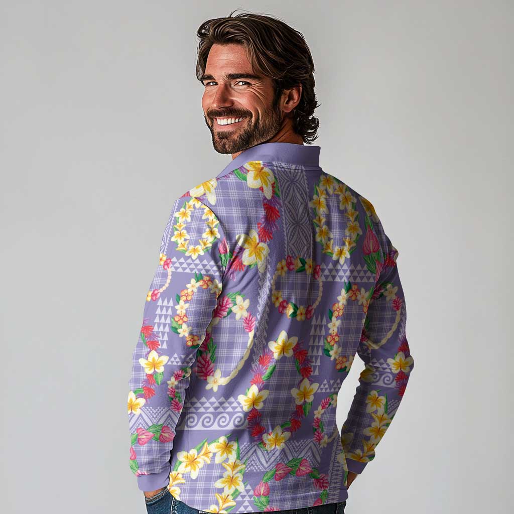 Hawaiian Leis Long Sleeve Polo Shirt Kakau Tattoos and Palaka Pastel Purple Color LT03 - Polynesian Pride