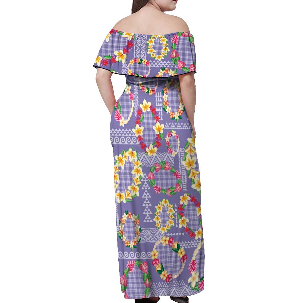 Hawaiian Leis Off Shoulder Maxi Dress Kakau Tattoos and Palaka Pastel Purple Color