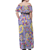 Hawaiian Leis Off Shoulder Maxi Dress Kakau Tattoos and Palaka Pastel Purple Color