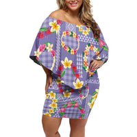 Hawaiian Leis Off Shoulder Short Dress Kakau Tattoos and Palaka Pastel Purple Color LT03 Women Purple - Polynesian Pride
