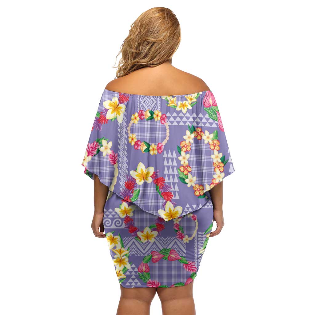 Hawaiian Leis Off Shoulder Short Dress Kakau Tattoos and Palaka Pastel Purple Color LT03 - Polynesian Pride