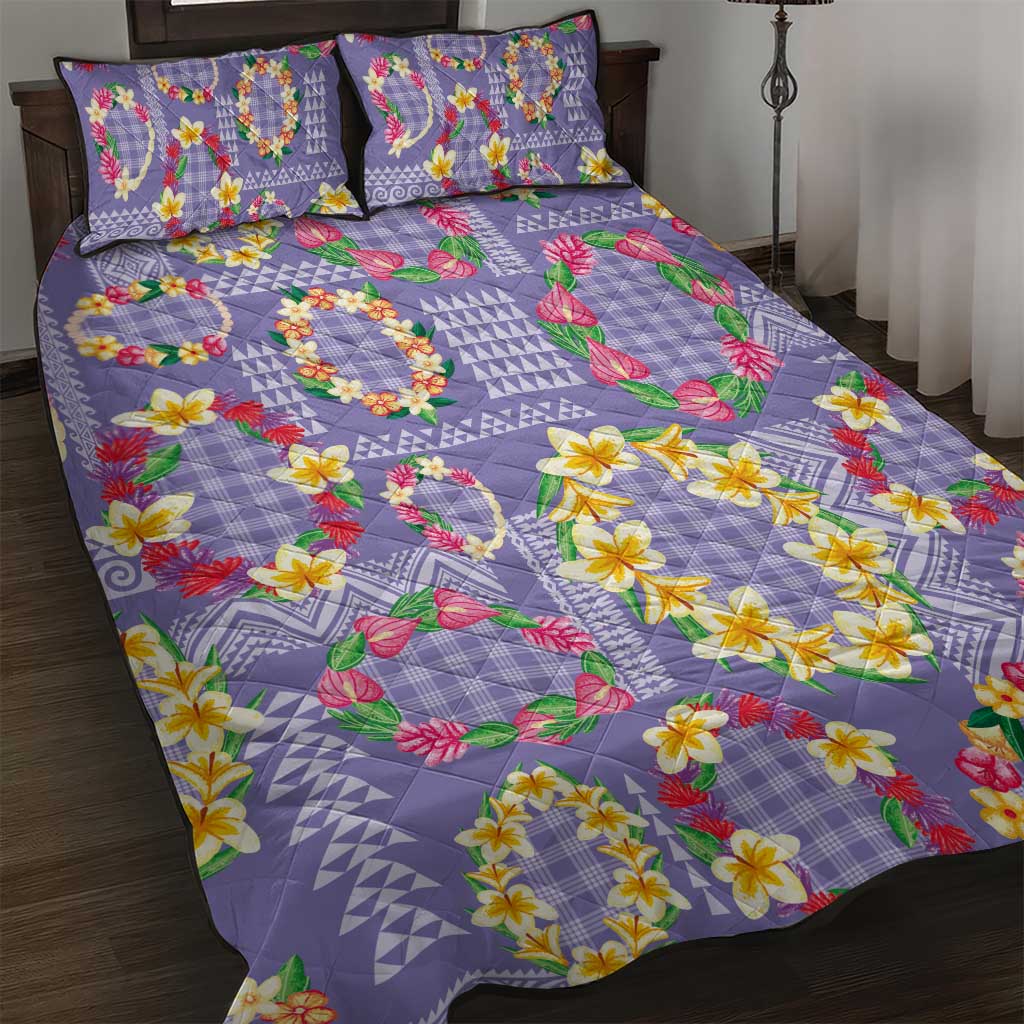 Hawaiian Leis Quilt Bed Set Kakau Tattoos and Palaka Pastel Purple Color