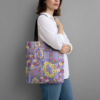 Hawaiian Leis Tote Bag Kakau Tattoos and Palaka Pastel Purple Color