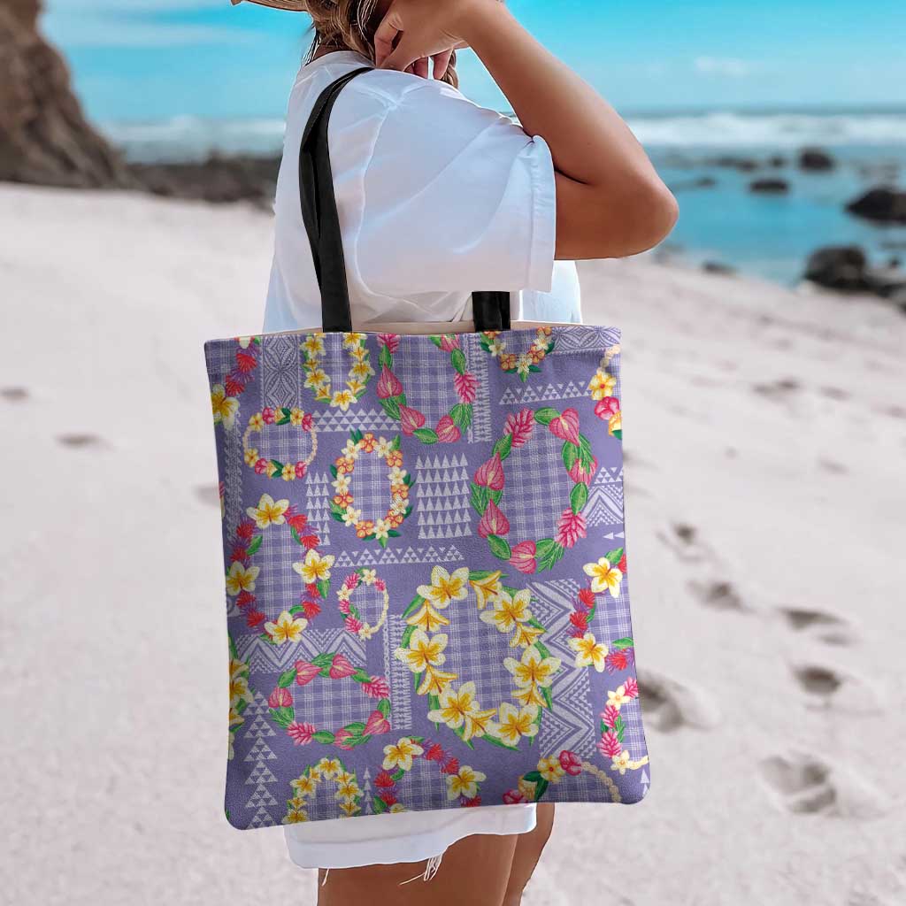 Hawaiian Leis Tote Bag Kakau Tattoos and Palaka Pastel Purple Color