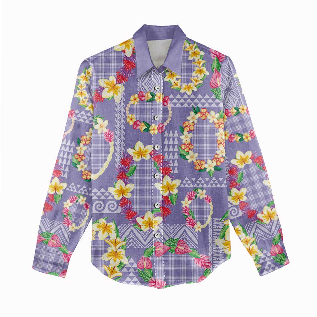 Hawaiian Leis Women Casual Shirt Kakau Tattoos and Palaka Pastel Purple Color