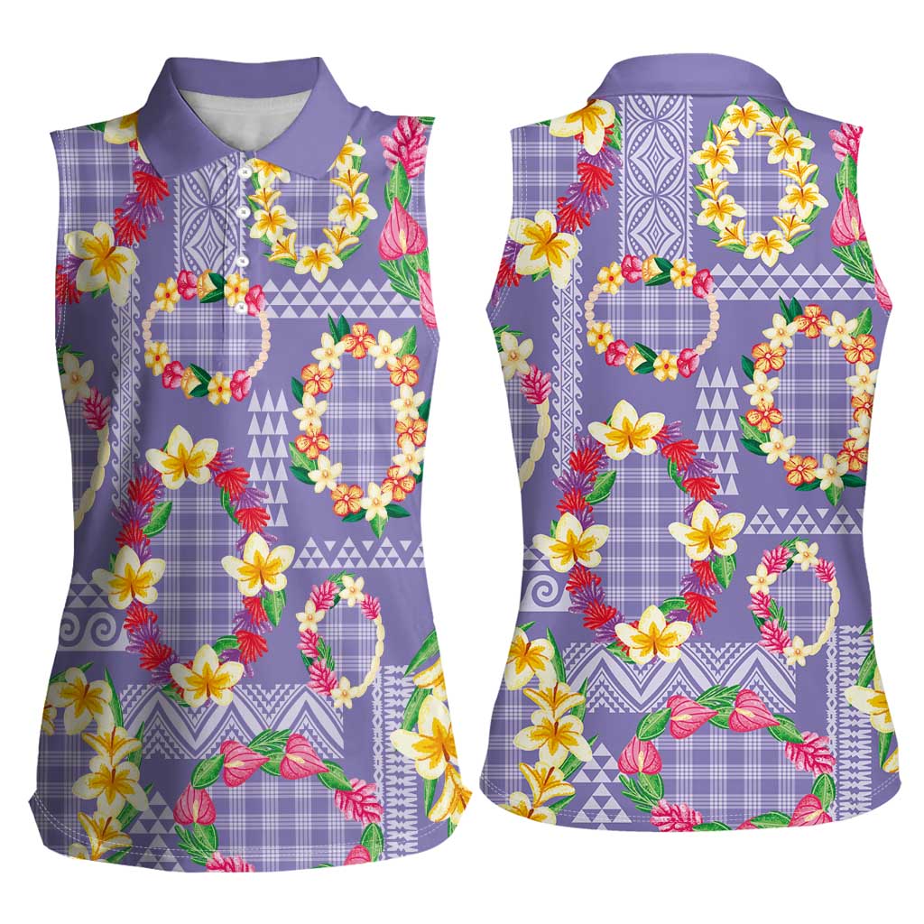 Hawaiian Leis Women Sleeveless Polo Shirt Kakau Tattoos and Palaka Pastel Purple Color