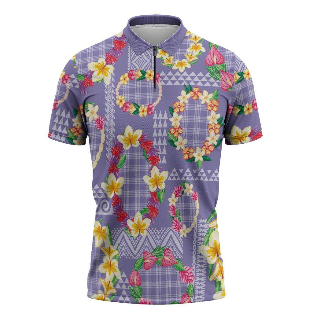 Hawaiian Leis Zipper Polo Shirt Kakau Tattoos and Palaka Pastel Purple Color LT03 Purple - Polynesian Pride