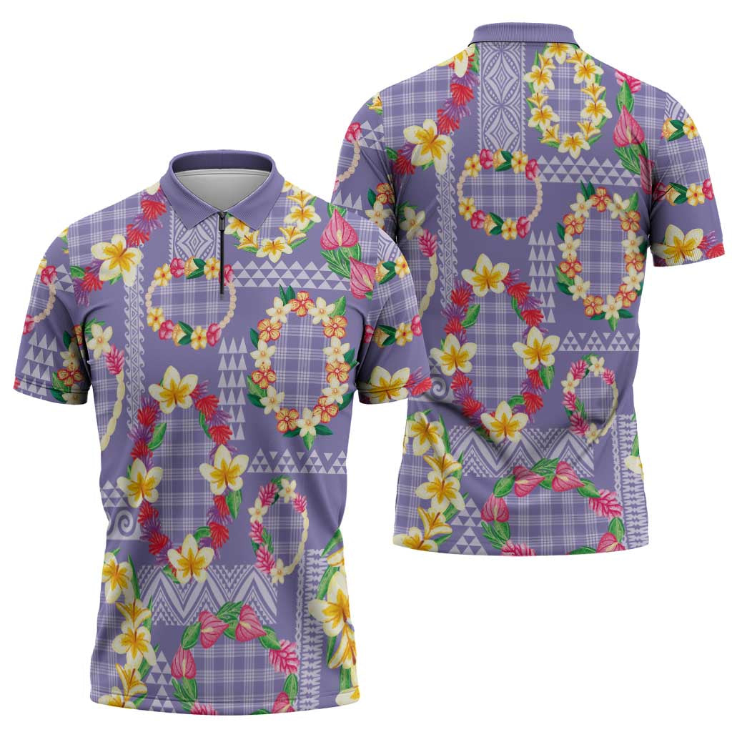 Hawaiian Leis Zipper Polo Shirt Kakau Tattoos and Palaka Pastel Purple Color LT03 - Polynesian Pride