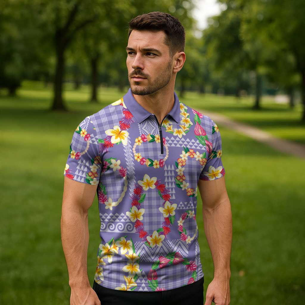 Hawaiian Leis Zipper Polo Shirt Kakau Tattoos and Palaka Pastel Purple Color LT03 - Polynesian Pride