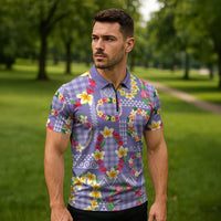 Hawaiian Leis Zipper Polo Shirt Kakau Tattoos and Palaka Pastel Purple Color LT03 - Polynesian Pride