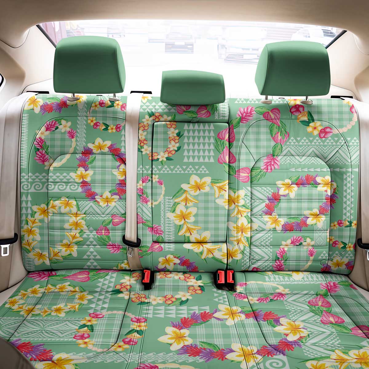 Hawaiian Leis Back Car Seat Cover Kakau Tattoos and Palaka Pastel Green Color