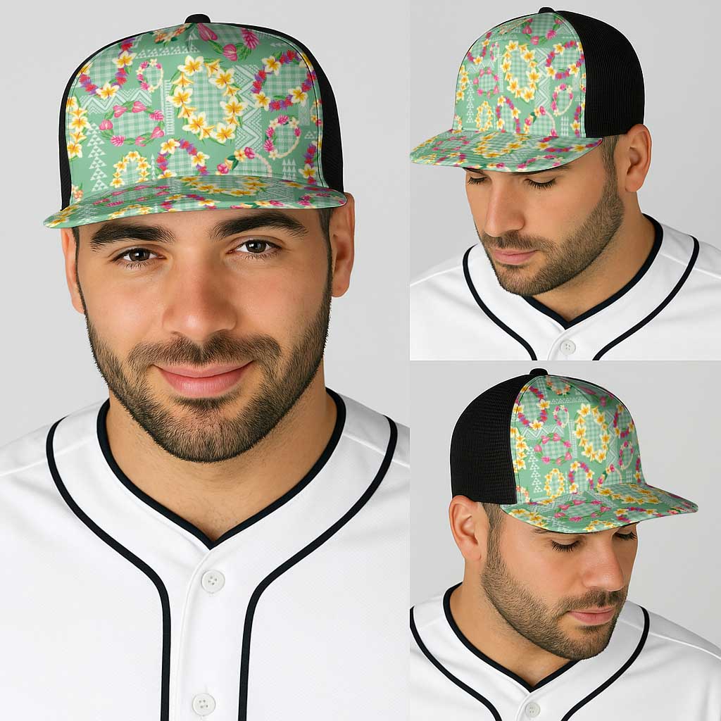 Hawaiian Leis Baseball Net Cap Kakau Tattoos and Palaka Pastel Green Color