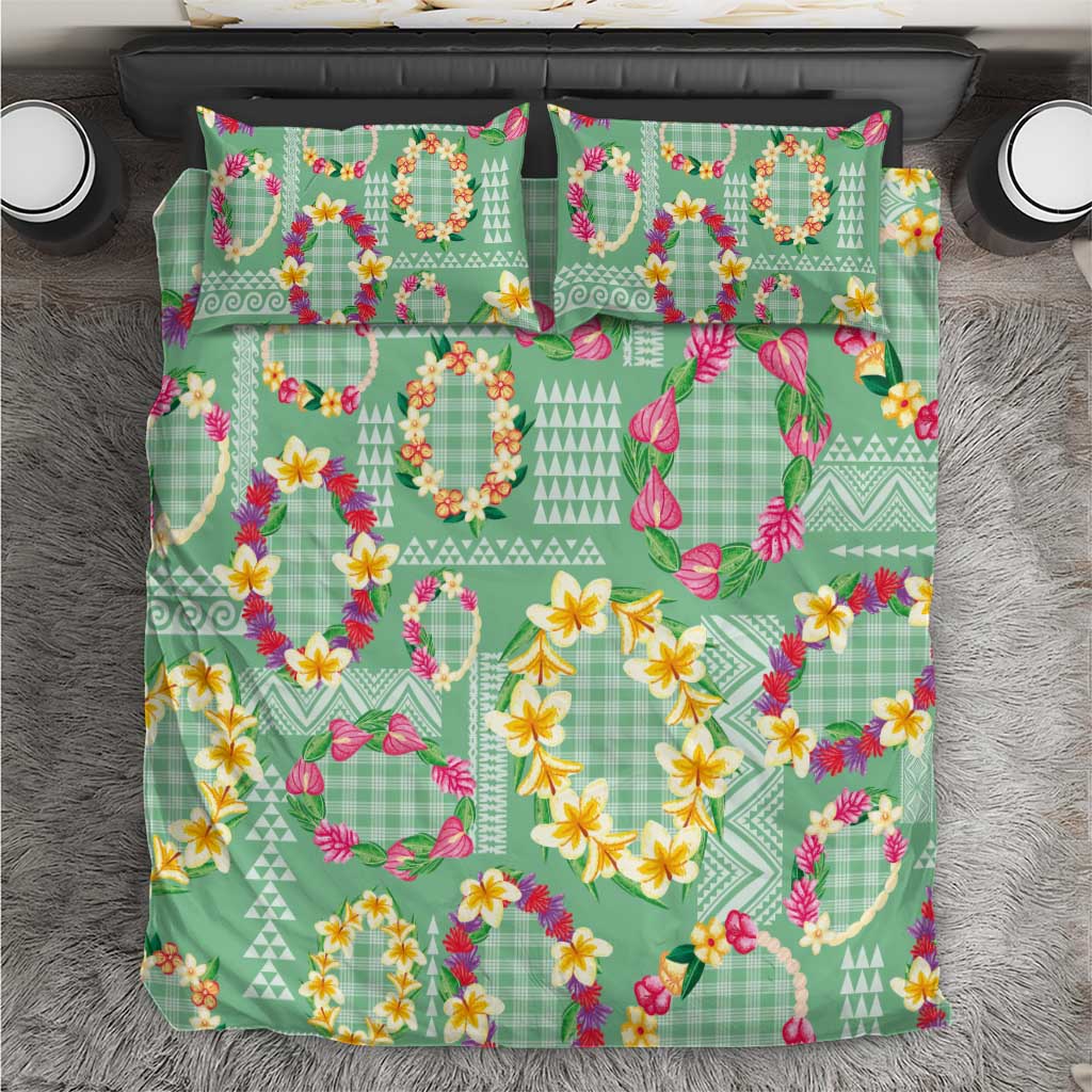 Hawaiian Leis Bedding Set Kakau Tattoos and Palaka Pastel Green Color