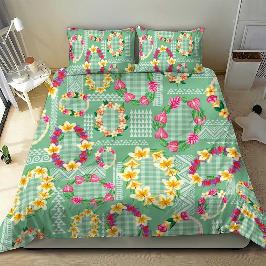 Hawaiian Leis Bedding Set Kakau Tattoos and Palaka Pastel Green Color