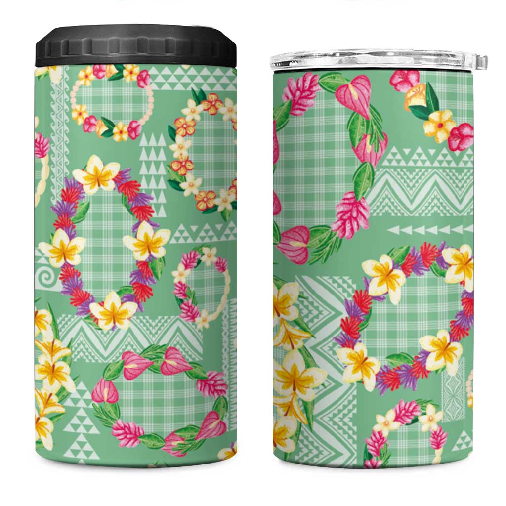 Hawaiian Leis 4 in 1 Can Cooler Tumbler Kakau Tattoos and Palaka Pastel Green Color