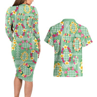 Hawaiian Leis Couples Matching Long Sleeve Bodycon Dress and Hawaiian Shirt Kakau Tattoos and Palaka Pastel Green Color