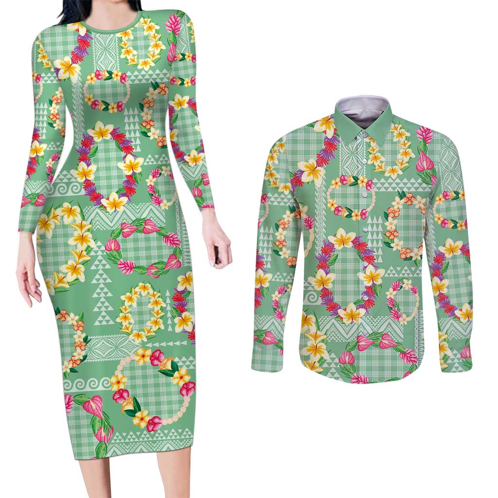 Hawaiian Leis Couples Matching Long Sleeve Bodycon Dress and Long Sleeve Button Shirt Kakau Tattoos and Palaka Pastel Green Color LT03 Green - Polynesian Pride