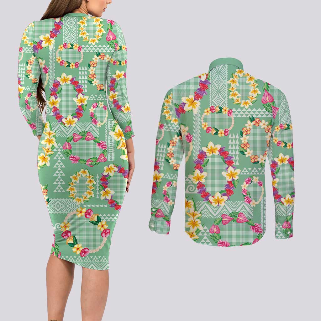 Hawaiian Leis Couples Matching Long Sleeve Bodycon Dress and Long Sleeve Button Shirt Kakau Tattoos and Palaka Pastel Green Color LT03 - Polynesian Pride