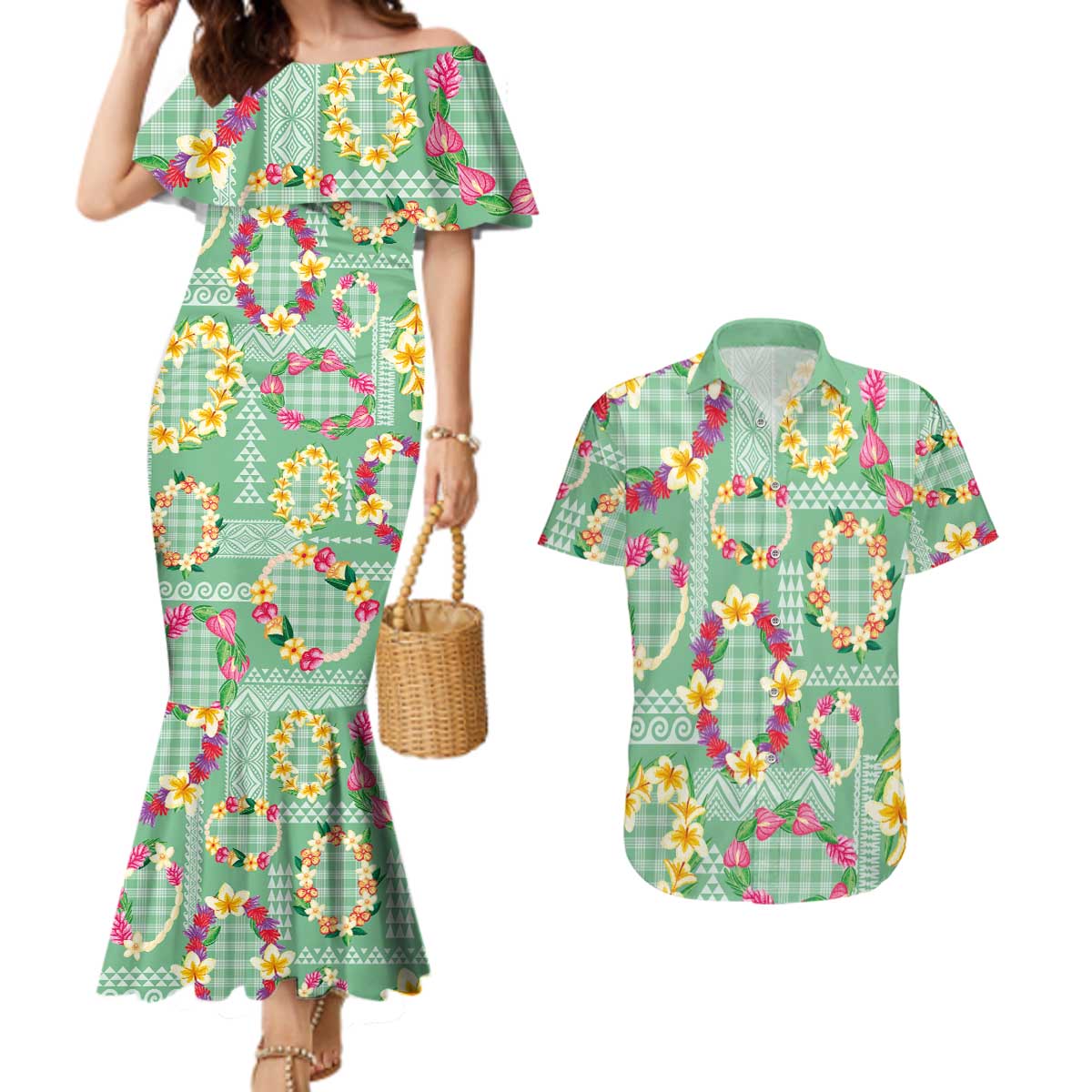 Hawaiian Leis Couples Matching Mermaid Dress and Hawaiian Shirt Kakau Tattoos and Palaka Pastel Green Color