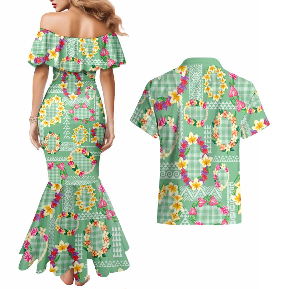 Hawaiian Leis Couples Matching Mermaid Dress and Hawaiian Shirt Kakau Tattoos and Palaka Pastel Green Color