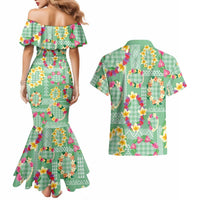 Hawaiian Leis Couples Matching Mermaid Dress and Hawaiian Shirt Kakau Tattoos and Palaka Pastel Green Color
