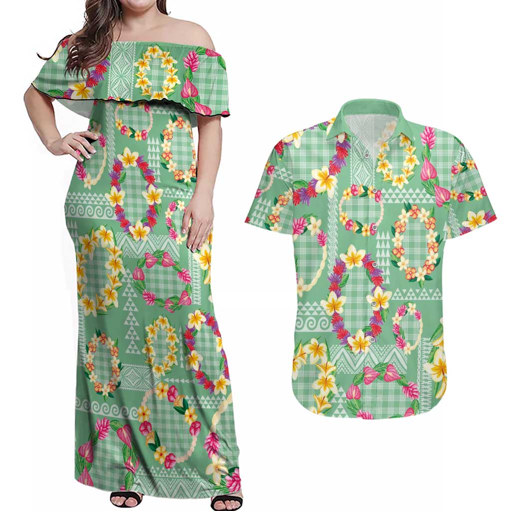 Hawaiian Leis Couples Matching Off Shoulder Maxi Dress and Hawaiian Shirt Kakau Tattoos and Palaka Pastel Green Color