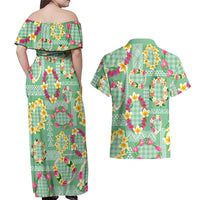 Hawaiian Leis Couples Matching Off Shoulder Maxi Dress and Hawaiian Shirt Kakau Tattoos and Palaka Pastel Green Color