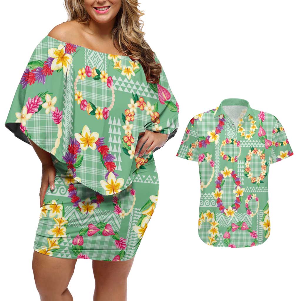 Hawaiian Leis Couples Matching Off Shoulder Short Dress and Hawaiian Shirt Kakau Tattoos and Palaka Pastel Green Color