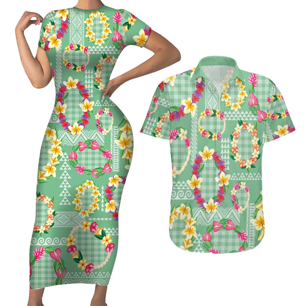 Hawaiian Leis Couples Matching Short Sleeve Bodycon Dress and Hawaiian Shirt Kakau Tattoos and Palaka Pastel Green Color LT03 Green - Polynesian Pride