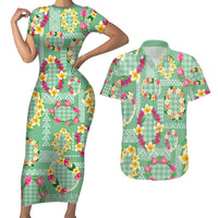 Hawaiian Leis Couples Matching Short Sleeve Bodycon Dress and Hawaiian Shirt Kakau Tattoos and Palaka Pastel Green Color LT03 Green - Polynesian Pride