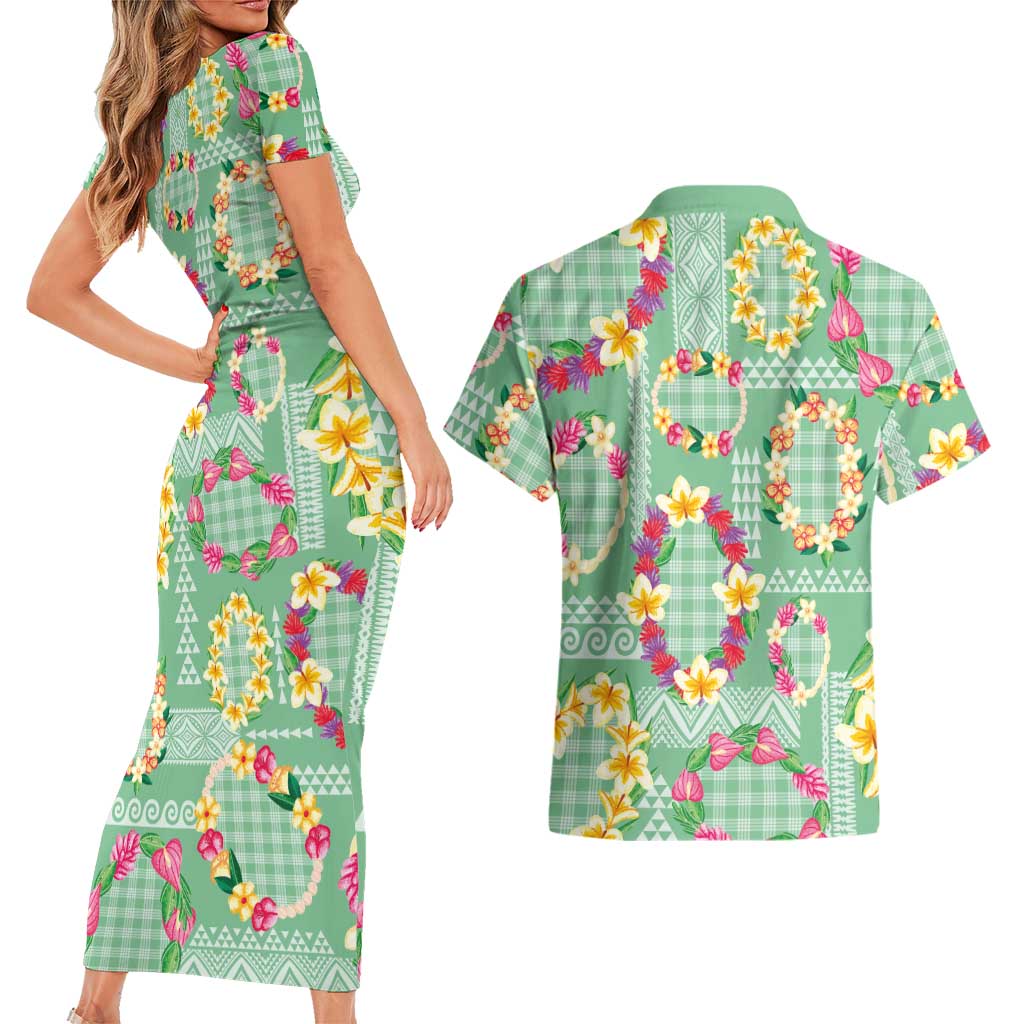 Hawaiian Leis Couples Matching Short Sleeve Bodycon Dress and Hawaiian Shirt Kakau Tattoos and Palaka Pastel Green Color LT03 - Polynesian Pride