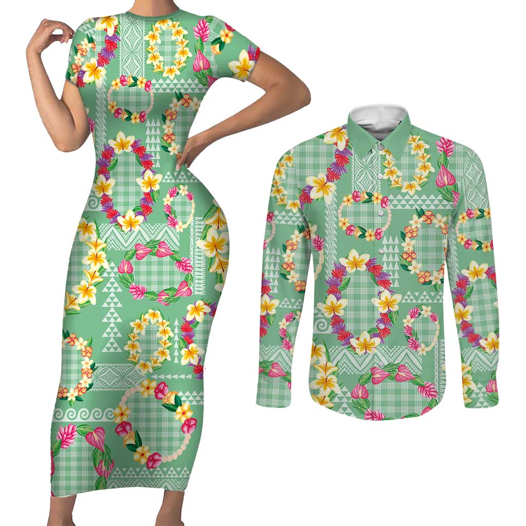 Hawaiian Leis Couples Matching Short Sleeve Bodycon Dress and Long Sleeve Button Shirt Kakau Tattoos and Palaka Pastel Green Color