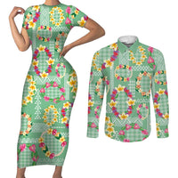 Hawaiian Leis Couples Matching Short Sleeve Bodycon Dress and Long Sleeve Button Shirt Kakau Tattoos and Palaka Pastel Green Color