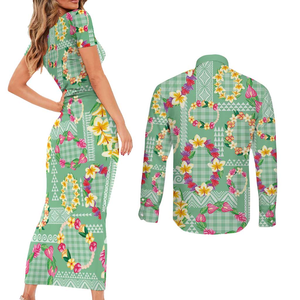 Hawaiian Leis Couples Matching Short Sleeve Bodycon Dress and Long Sleeve Button Shirt Kakau Tattoos and Palaka Pastel Green Color