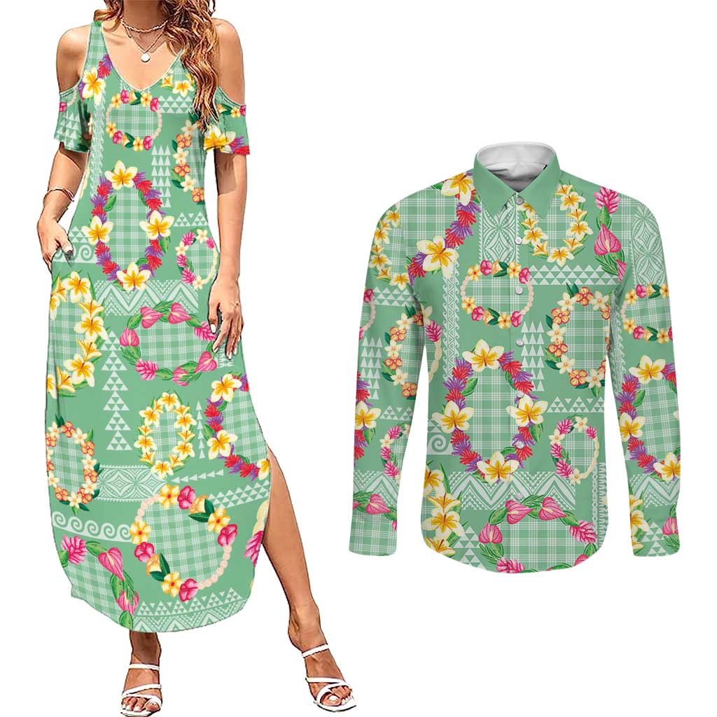 Hawaiian Leis Couples Matching Summer Maxi Dress and Long Sleeve Button Shirt Kakau Tattoos and Palaka Pastel Green Color