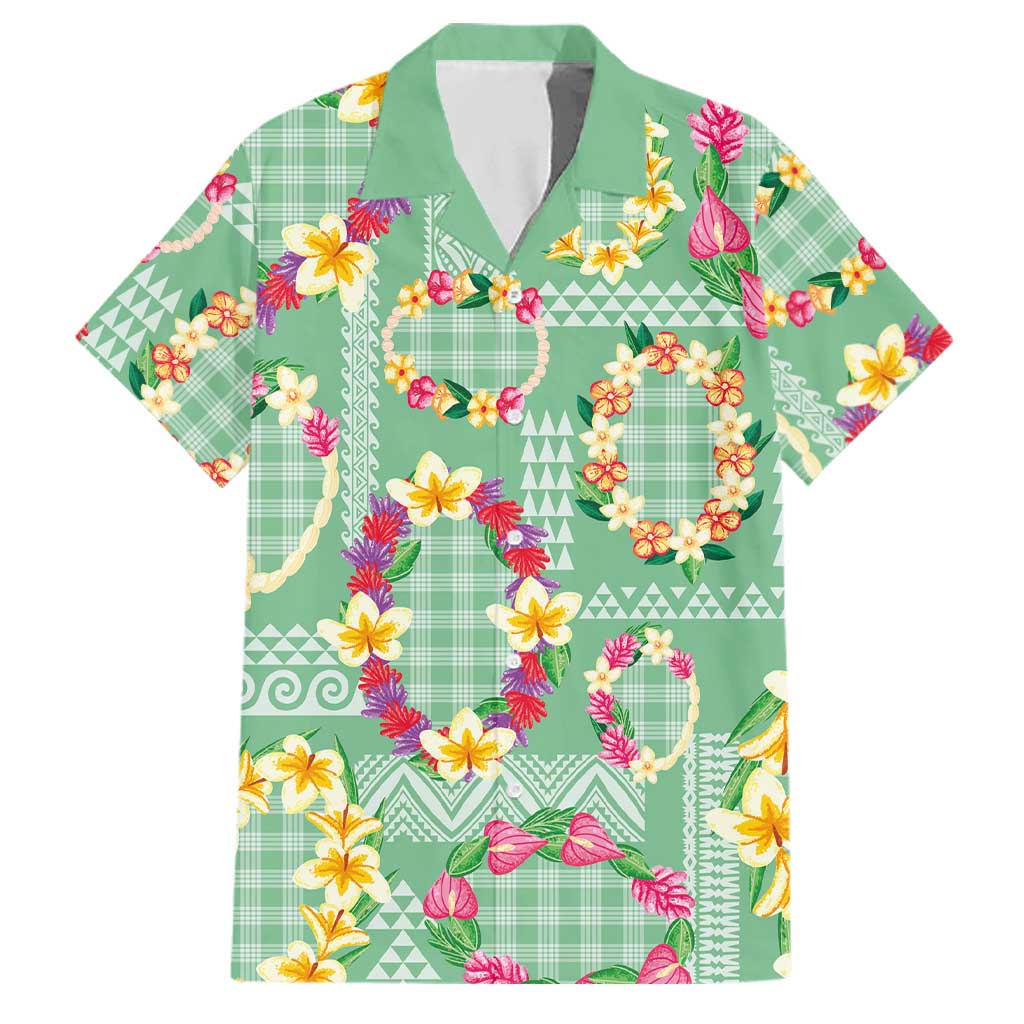 Hawaiian Leis Family Matching Long Sleeve Bodycon Dress and Hawaiian Shirt Kakau Tattoos and Palaka Pastel Green Color
