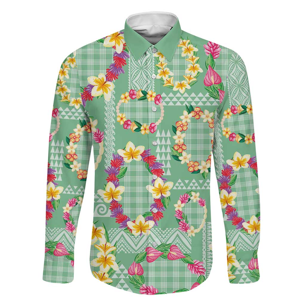 Hawaiian Leis Family Matching Long Sleeve Bodycon Dress and Hawaiian Shirt Kakau Tattoos and Palaka Pastel Green Color