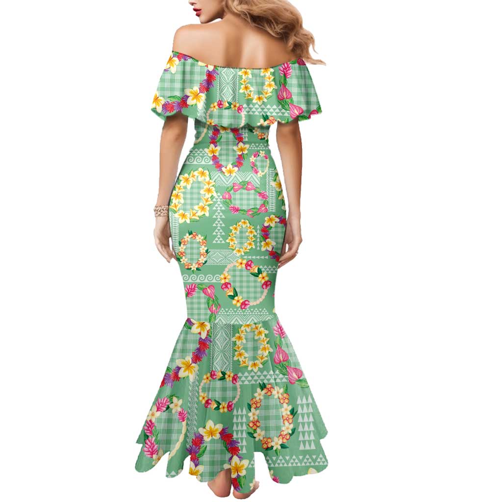 Hawaiian Leis Family Matching Mermaid Dress and Hawaiian Shirt Kakau Tattoos and Palaka Pastel Green Color