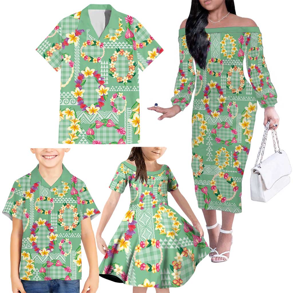 Hawaiian Leis Family Matching Off The Shoulder Long Sleeve Dress and Hawaiian Shirt Kakau Tattoos and Palaka Pastel Green Color