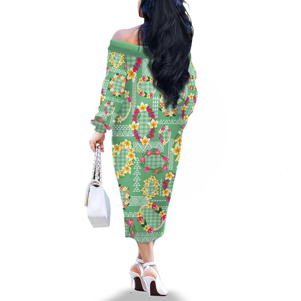Hawaiian Leis Family Matching Off The Shoulder Long Sleeve Dress and Hawaiian Shirt Kakau Tattoos and Palaka Pastel Green Color