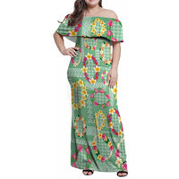 Hawaiian Leis Family Matching Off Shoulder Maxi Dress and Hawaiian Shirt Kakau Tattoos and Palaka Pastel Green Color