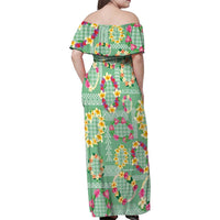 Hawaiian Leis Family Matching Off Shoulder Maxi Dress and Hawaiian Shirt Kakau Tattoos and Palaka Pastel Green Color