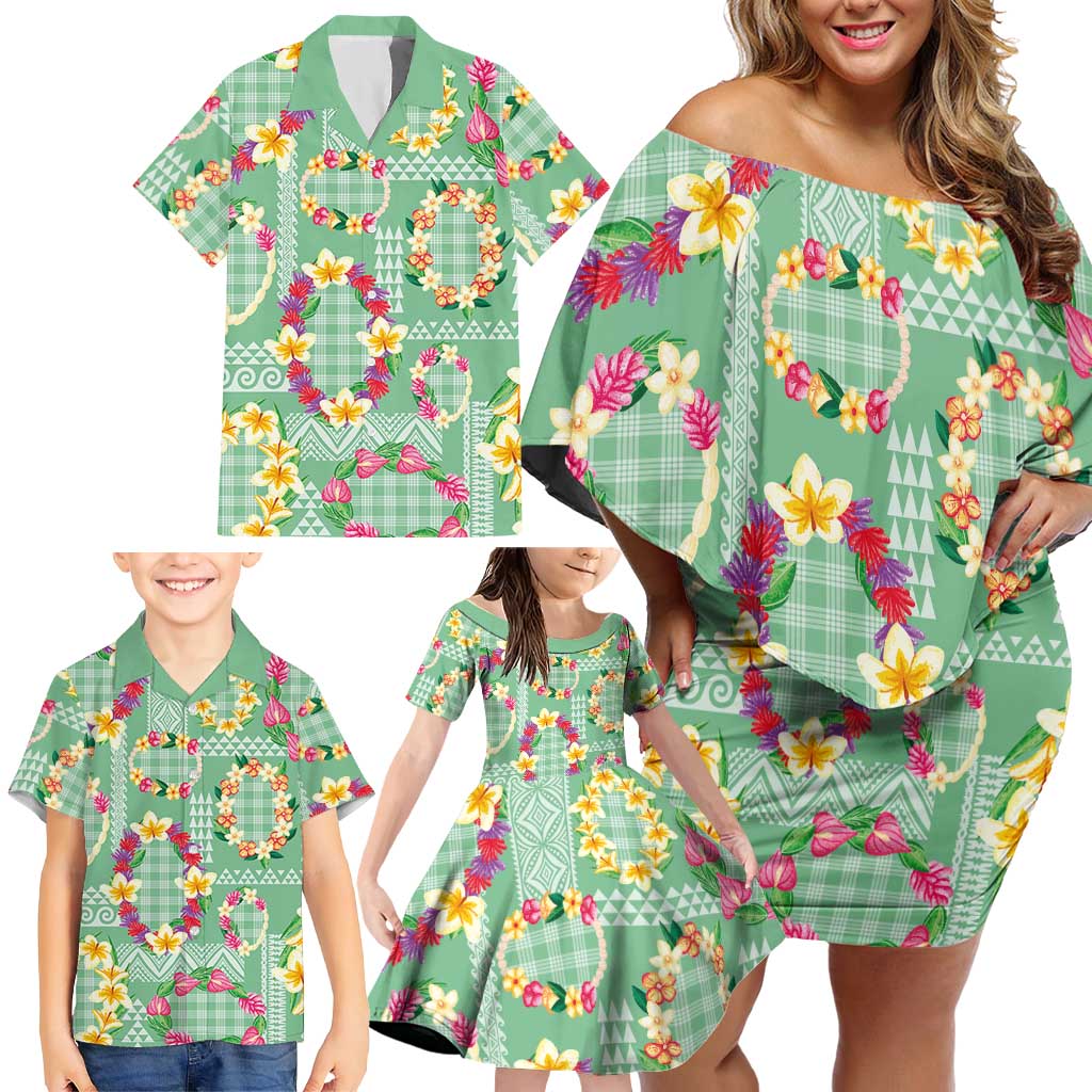 Hawaiian Leis Family Matching Off Shoulder Short Dress and Hawaiian Shirt Kakau Tattoos and Palaka Pastel Green Color
