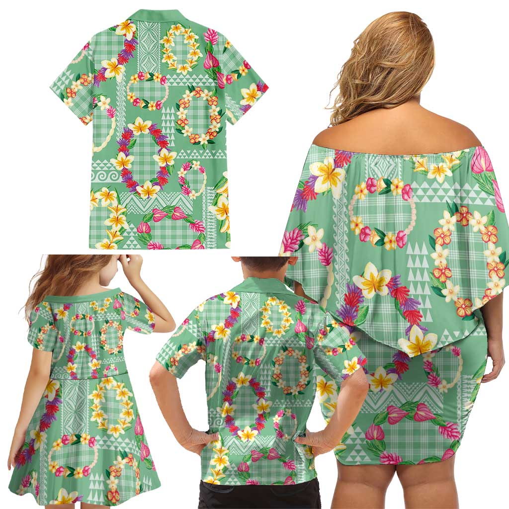Hawaiian Leis Family Matching Off Shoulder Short Dress and Hawaiian Shirt Kakau Tattoos and Palaka Pastel Green Color