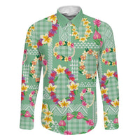 Hawaiian Leis Family Matching Off Shoulder Short Dress and Hawaiian Shirt Kakau Tattoos and Palaka Pastel Green Color