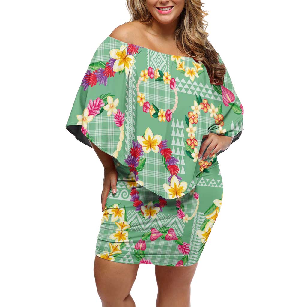 Hawaiian Leis Family Matching Off Shoulder Short Dress and Hawaiian Shirt Kakau Tattoos and Palaka Pastel Green Color