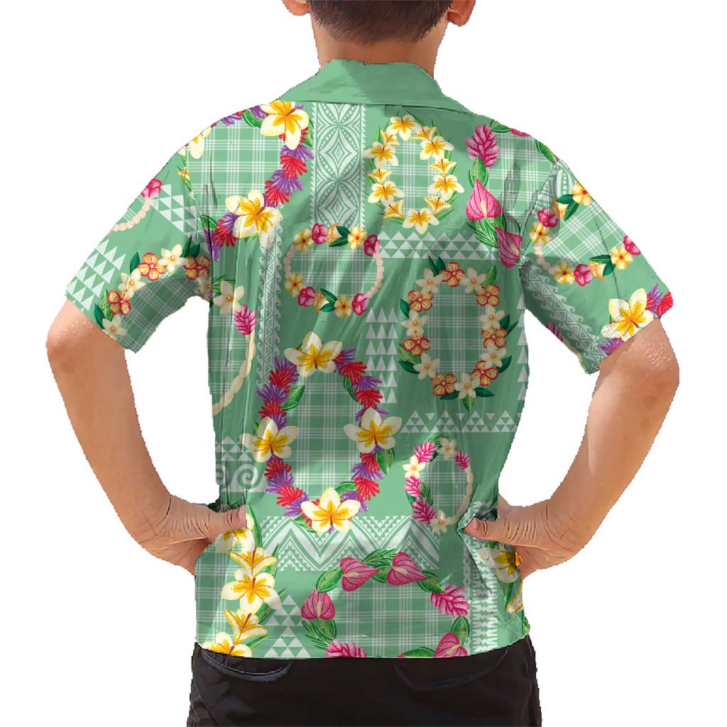 Hawaiian Leis Family Matching Short Sleeve Bodycon Dress and Hawaiian Shirt Kakau Tattoos and Palaka Pastel Green Color